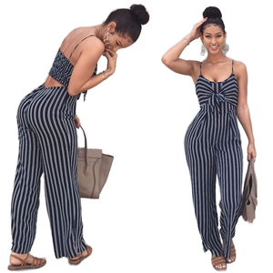 Monos de mujer holgados y sexys con tirantes finos, estampado de rayas, pantalones largos de pierna ancha, sin mangas, estilo casual - Product Image 1