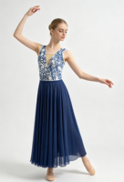 Robe de ballet longue en mousseline de soie à sequins et dentelle, sans manches, décolleté en V profond, pour femmes, costume de danse lyrique contemporaine professionnelle, en spandex