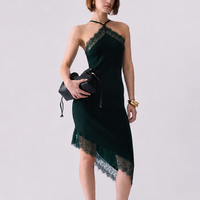 Gaun Midi Wanita Bahan Lembut Model Slip Tali Spageti Slim Fit Aksen Renda Asimetris Elegan untuk Acara Malam OEM Grosir
