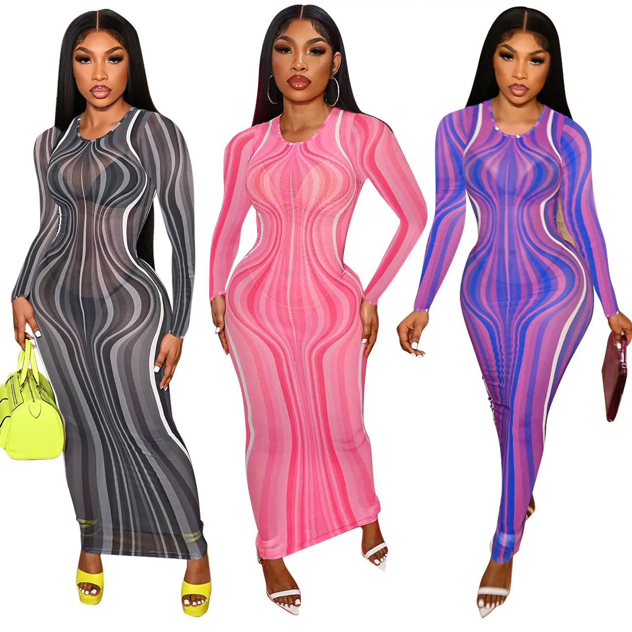 Wholesale Printed Women Dress Maxi Clothes Sheer Dress Long Sleeves Bodycon Stretch Mesh Dress Sexy Transparent