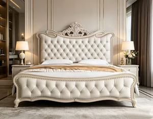 Premium Queen Size Cream Tufted <b>Bed</b> With Ornate Carved Floral Headboard & Nailhead Trim For Luxury Bedroom - Product Image 3