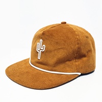 Chapeau Snapback non structuré à bord plat brodé en velours côtelé vintage à 5 panneaux