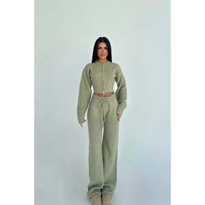 Khaki Zaria <b>Knit</b> <b>Set</b> Autumn Casual Woolen Hooded Collar Printed Pattern with Embroidered Technics - Product Image 5