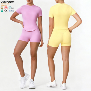 XW-sm2392-2 Pakaian Olahraga Pelangsing Desain Baru Kebugaran Elastis Pinggang Pakaian Senam Warna Solid Menyerap Keringat Set Yoga 2 Potong - Product Image 1