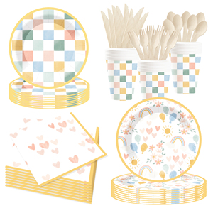 Assiettes et couverts jetables DAMAI à rayures bleues et blanches pour fête de Pâques, assiettes à dîner et à dessert bleu clair, pour 8 invités - Product Image 1