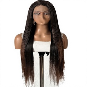 Peluca europea americana para mujer, rubia degradada, larga y lisa, con encaje frontal, hecha a mano, de fibra química, con línea de cabello natural alta - Product Image 1