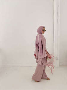 Abbigliamento da preghiera islamico modesto Ramadan O collo maniche a strati tunica + pantaloni Crepe elegante Dubai arabo Femme set di <span class=keywords><strong>due</strong></span> pezzi musulmani - Product Image 4