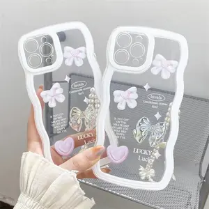 New Cute Love Heart Pearl Bracelet Wave Frame Printing Butterfly Phone Case For Iphone Luxury Cover Case