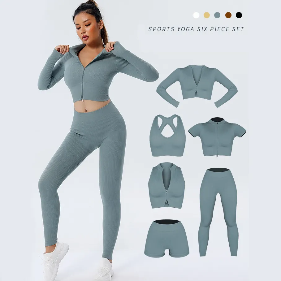 Benutzer definierte Logo Damen Workout-Sets 6-teilige Sportswear nahtlose Rippen haut freundliche hochela tische Leggins Fitness Yoga Anzüge