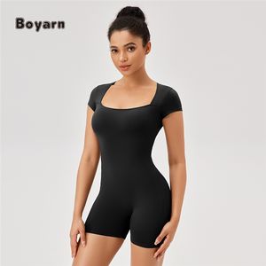 Boyarn XXL Sexy solide sans manches col carré Shorts combinaison moulante barboteuses mince Yoga entraînement Gym femmes séchage rapide respirant - Product Image 5