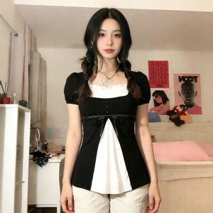Sweet Girl Style Black White Colorblock Ruched Square Neck Tie Front Babydoll Hem <b>Top</b> Casual Basic Short Sleeve Tee - Product Image 1