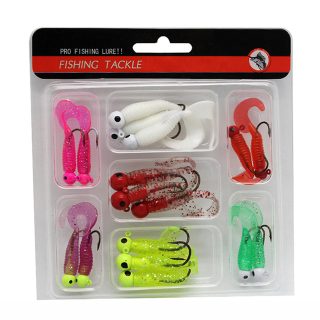 17pcs,47pcs,65pcs Soft Plastic Grub Tail Worm Lure Bait Crappie Jigs Head Hook Complete Kit Soft Fishing Lure Set for Bass