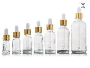 Flacon compte-gouttes transparent, givré, ambré ou bleu de 5 ml, 10 ml, 15 ml, 30 ml avec col de 18 mm, couvercle doré et bouchon en caoutchouc - Product Image 1