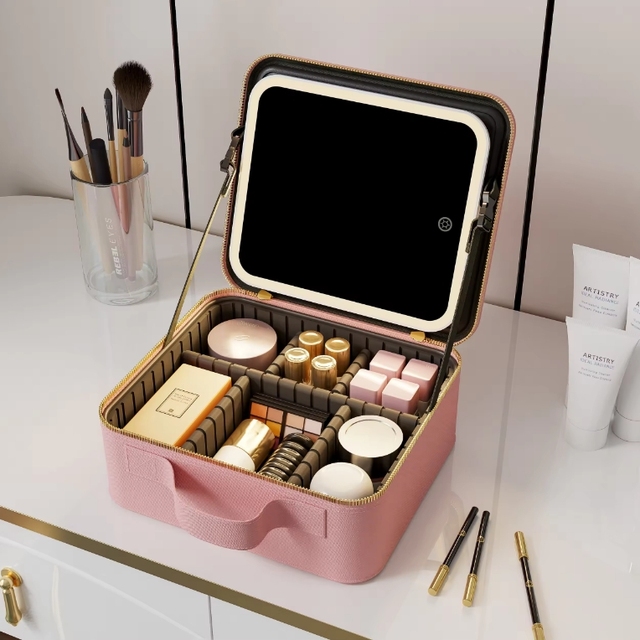 Makeup case with Light, Mirror, LED Makeup Bag, Battery Holder, Portable Large Capacity Box, Storage Box