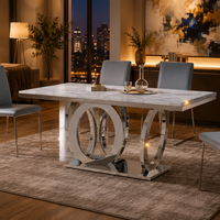 Table à manger moderne avec plateau en marbre et pieds circulaires en acier inoxydable brillant argenté pour mobilier de salle à manger contemporain