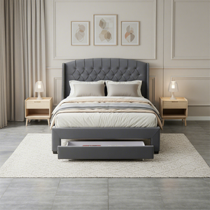 Cabecera de Diseño de Lujo con Botones y Respaldo Alto, Tapizada en Terciopelo Gris, Base de Cama Doble Queen Size con Cajón de Almacenamiento - Product Image 1