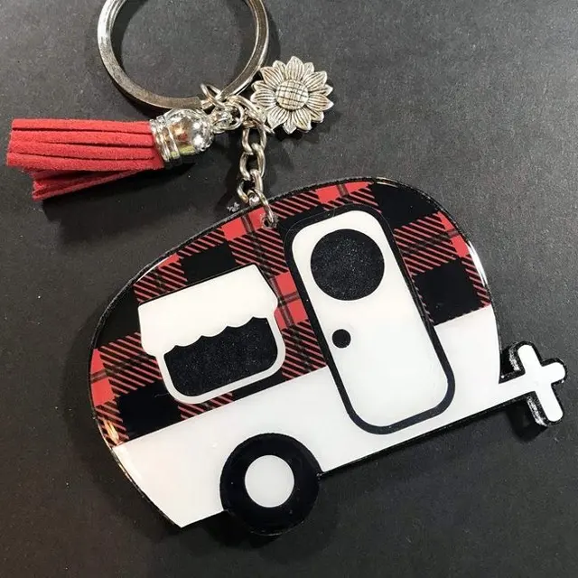 Porte-clés camping-car personnalisé à carreaux, RTS, en acrylique, rouge et noir