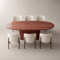Table à manger ovale en travertin rouge avec piétement cannelé, meuble en pierre naturelle