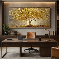Peinture à l'huile texturée moderne de luxe, grand format sur toile, peinte à la main, avec palette et couteau 3D, motif arbre doré, pour décoration d'hôtel