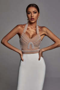 Vestido de Fiesta Elegante <span class=keywords><strong>para</strong></span> Mujer, Personalizado, con Cuentas de Perlas, Corsé Cristalizado, Cuello Halter, Midi, Estilo Bandage, <span class=keywords><strong>para</strong></span> <span class=keywords><strong>Cena</strong></span> o Cumpleaños - Product Image 6