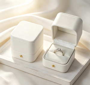 Boîte à bague haut de gamme faite à la main, enveloppée de tissu en similicuir beige, base rigide, fermeture magnétique dorée, ouverture à clapet, impression quadricolore - Product Image 3