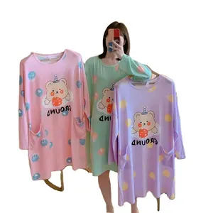 Wholesale Women's Pajamas Long Sleeve Loungwear Long Dress O-neck Oversize Korean Cute Cartoons Milk Silk Nightdress Homewear