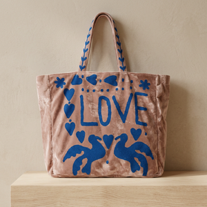 Wholesale Custom Handmade Blue Velvet Tote <b>Bag</b> Featuring Gold Yellow LOVE and PEACE Lettering Doves <b>Hearts</b> and Floral Applique - Product Image 2