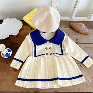 Autunno inverno neonato maglione pieghettato vestito lavorato a maglia bambino contrasto colore manica lunga colletto marinaio abito bambine abiti - Product Image 5