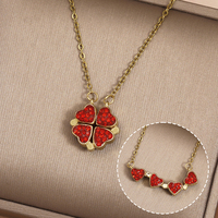 Bijoux fantaisie cadeau saint valentin pliant magnétique 4 coeurs chanceux 4 feuilles trèfle pendentif or 18 carats collier en acier inoxydable
