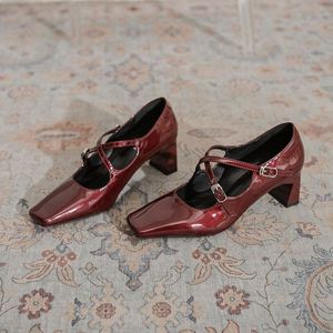 Mary Jane Women's Shoes, Shallow Mouth Versatile French Square Toe Retro Silver Buckle <b>Block</b> Heel New Spring Style - Product Image 2