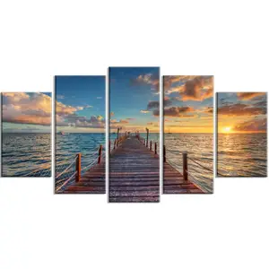 Customized 'Brilliant Sunrise over Sea Pier' 5 Piece Photographic Print on Wrapped Canvas Prints Set