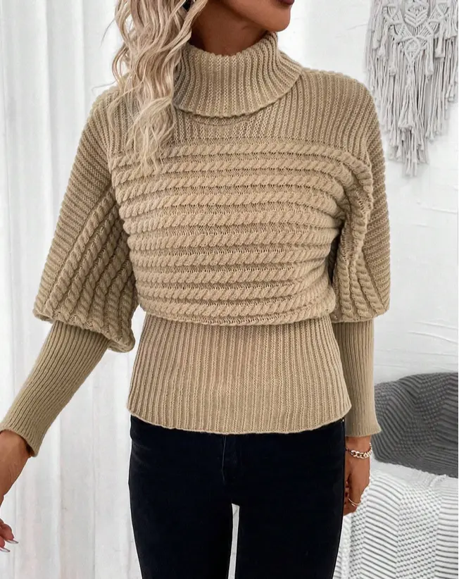 2024 Herbst Winter Damenstripp-Pullover Mantel französischer Kragenflieder Lantern Ärmel Strick Pullover Pullover Kabel hohe taille Strick-Oberteil