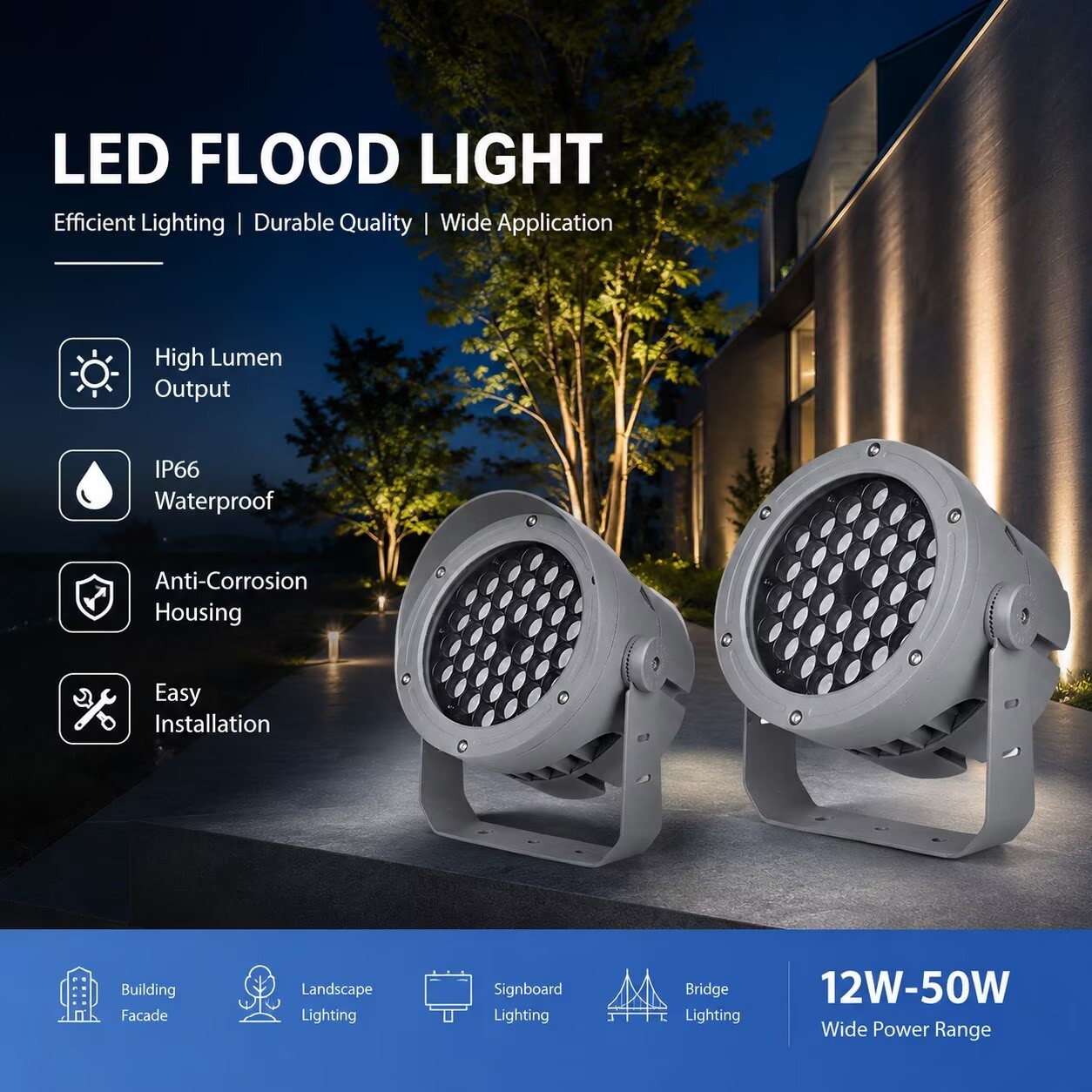 Waterproof LED Spotlight, Outdoor Garden Landscape Flood Light for Tree, Building Facade & Yard Lighting