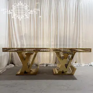 Mesas de jantar de casamento em aço inoxidável dourado letras L V, móveis luxuosos para noivos, mesas comerciais de hotéis, eventos de amor