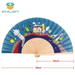 Wooden Hand Fan Sticks High Quality Bamboo Wooden Ribs Fabric Full Color Printing Custom Print Wooden Hand Fans
