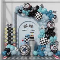 Kit de guirlande de ballons colorés sur le thème des voitures de course avec arche de pneus auto-scellante pour la décoration de fête d'anniversaire sur le thème des véhicules pour garçons