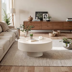 Tavolino <span class=keywords><strong>da</strong></span> Caffè Rotondo Scanalato in Legno Moderno con Altezza Regolabile, Tavolo <span class=keywords><strong>da</strong></span> Tè Durevole per Arredamento Casa in Offerta Scontata - Product Image 1