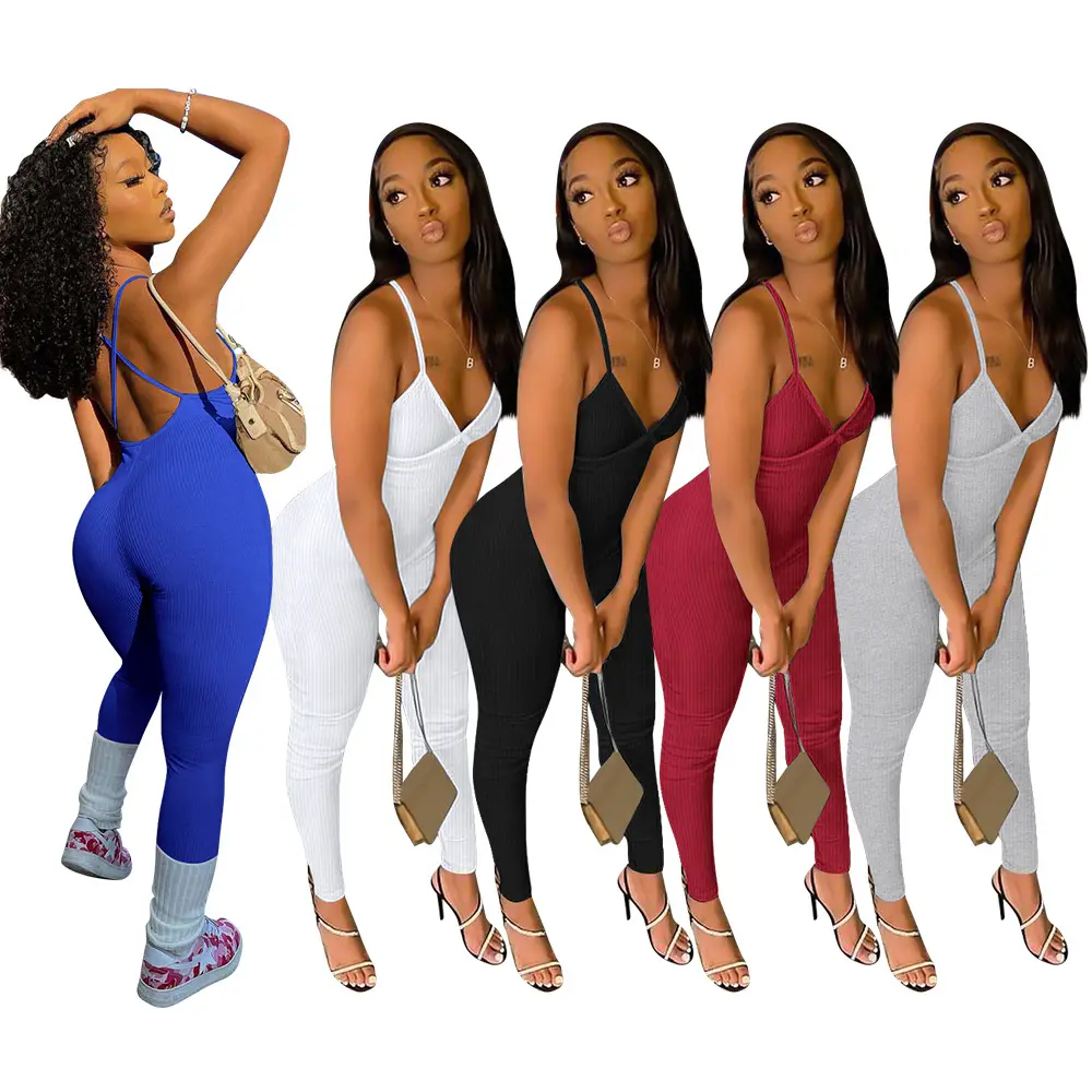 2023 New Women Sleeveless V-Neck Solid Bodycon Playsuit One-piece Clubwear Trousers Sport Long Jumpsuit