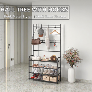Sheeraz International Modern Freestanding Durable Eco-Friendly Entrance Hall Tree <b>Shoe</b> Rack 3 Shelves 8 Double <b>Hooks</b> Iron - Product Image 2