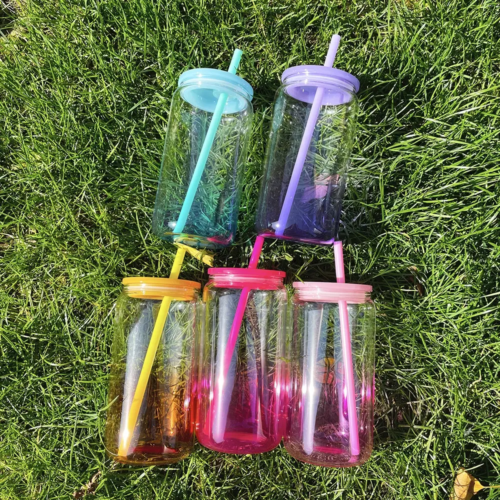 I bambini del magazzino USA possono modellare sfumato ombre gelatina colorata 16oz plastica acrilica bottiglia d'acqua lattina di soda con coperchi colorati pp