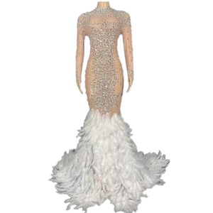 Vestido de noche de lujo de manga larga para mujer, transparente, con <span class=keywords><strong>plumas</strong></span> de cristal, sirena, Sexy - Product Image 1