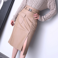 1308 mode Cargo taille haute en peau de mouton longue jupe loisirs fourche en cuir véritable jupe