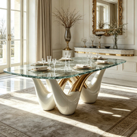 Table à manger de luxe européenne en fibre de verre avec plateau en verre transparent doré, table de salle à manger design moderne