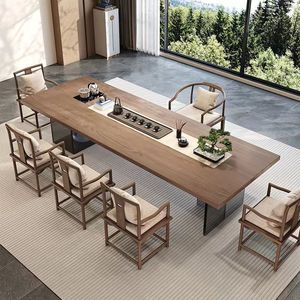 Solid Wood Tea <b>Table</b> And Chair <b>Set</b> Wabi Sabi Style Integrated Floating Large Slab Kung Fu Tea <b>Table</b> For Living Room Office - Product Image 1