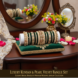 Luxury Kundan & Pearl Velvet Bangle <b>Set</b> Elegant Bridal Pearl <b>Bracelets</b> Premium Wedding Jewelry Collection - Product Image 3