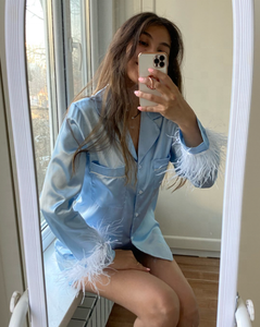Custom Fashion Silk <strong>Feather</strong> Women's Pajamas Clothing Sets Satin Turn Down Collar <strong>Top</strong> Pocket Sleepwear Pijama Feminino - Product Image 6