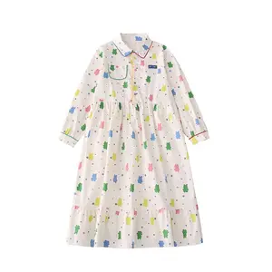 Printemps New Niche Design Robe en coton pour femme à manches longues Ours originaux imprimés Robes amples pour femme de haute qualité Mi-mollet