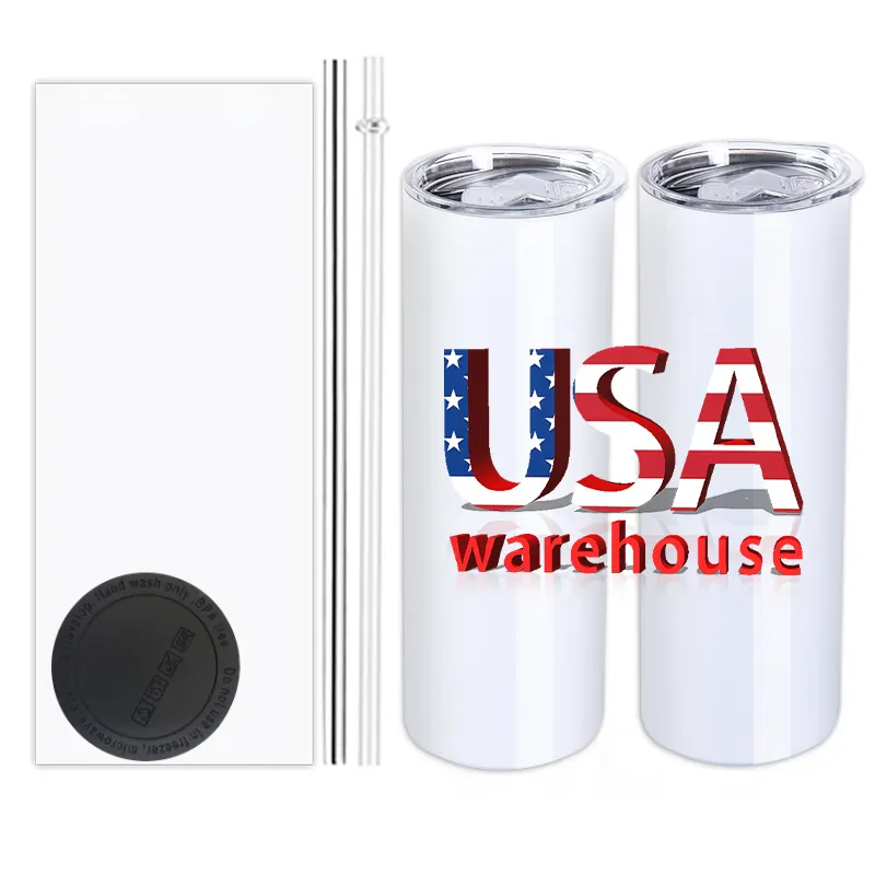 USA Warehouse Ready to Ship sublimation blanks 20 oz skinny stainless steel coffee tumblers straight double wall with straw