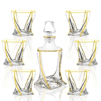 Ensemble carafe et verres à whisky torsadés artistiques N33 avec accents en or 24 carats, bouteille à liqueur en verre avec bouchon et 6 verres assortis