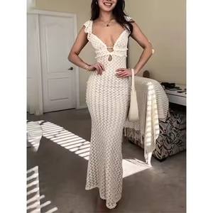 <span class=keywords><strong>Femme</strong></span> vacances tricoté plage robe femmes sans manches voir à travers taille haute longue couvrir robe col en V profond robes Sexy - Product Image 1